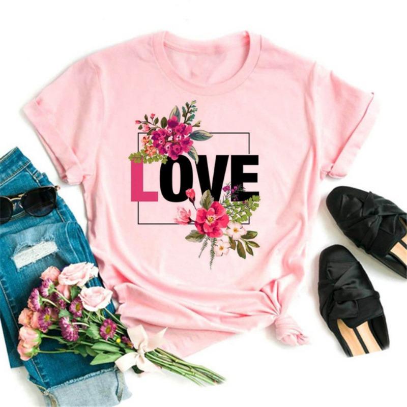 Women's T-shirt Flower Love T-shirt Women's Fashion Clothing Cartoon Clothing Short Sleeve Women's T-shirt Valentine's Day T-shirt