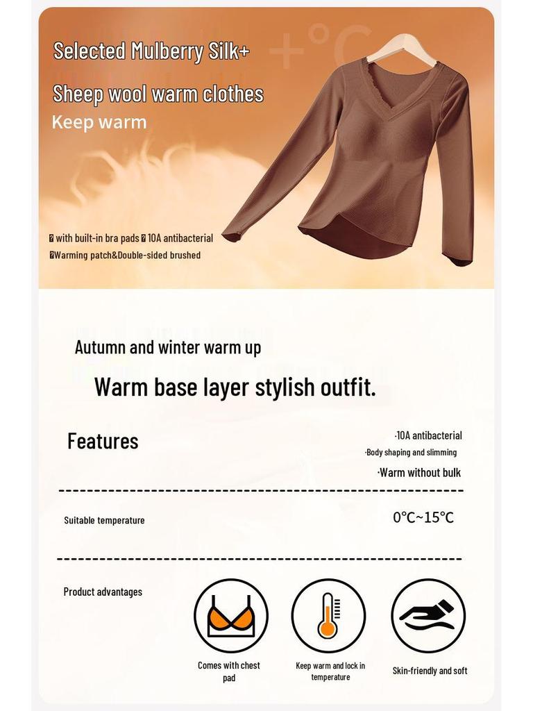 10A Antibacterial Women's Cashmere Silk Underwear Set with Chest Pads - Fleece-Lined, Autumn/Winter, Slimming Base Layer