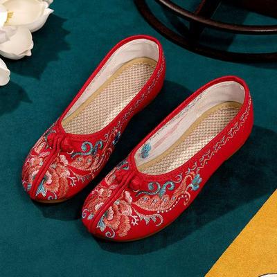 Woman Flat Sole Canvas Embroidered Shoes Ethnic Style Shallow Slip On Round Toe Light Hanfu Shoes Middle Aged And Elderly Shoes