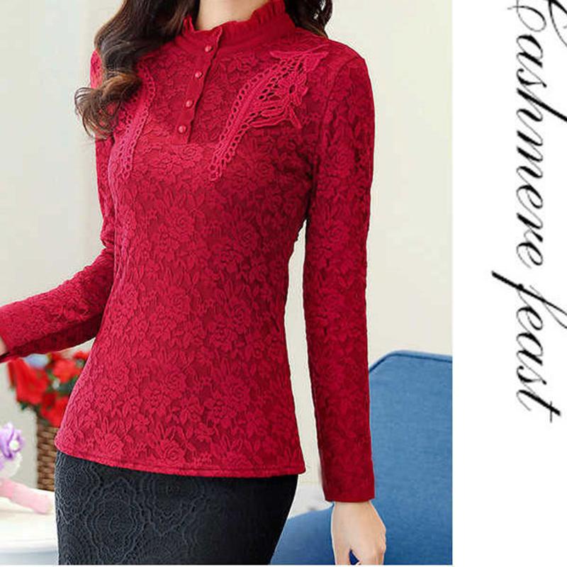 Camisa de encaje de otoño e invierno Camisa superior ajustada Camisa de mujer de talla grande con relleno de terciopelo y calidez