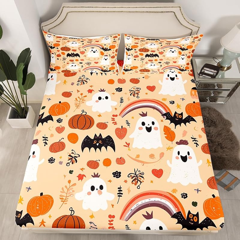 Cute ghost bedding set for boys, girls, teenagers, bats, pumpkin lanterns, Halloween