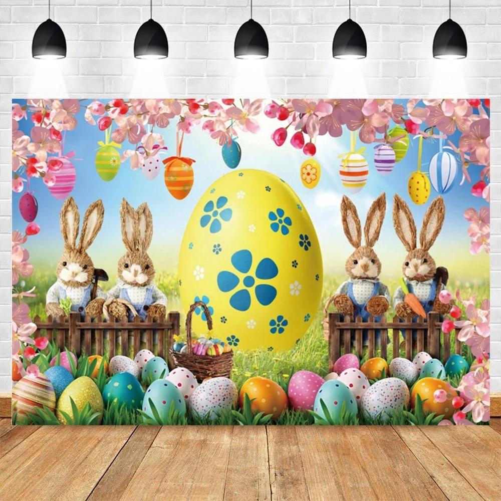 Spring Easter Natural Scenery Grassland Rabbit Theme Banner Backdrop, Children's Birthday Party Decoration Photography Backdrop