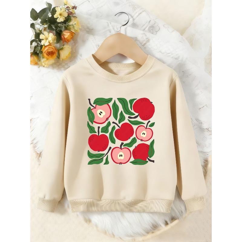 Unisex Kids Crewneck Sweatshirt, Cute Red Apple Green Leaf Fruit Print Pullover, Boys Girls Back To School Casual Sweatshirt For Kids Over 4 Years Old