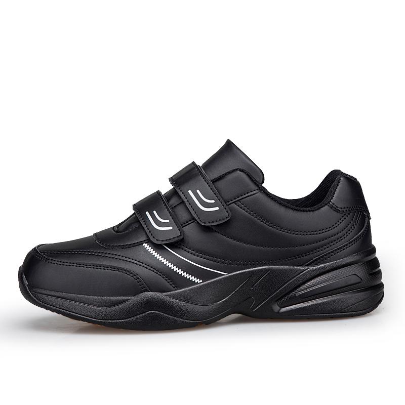 Men's Adjustable Hook And Loop Leather Sneakers Pure Black Casual Sports Shoes Big Size 47 48 Elderly Walking Shoes