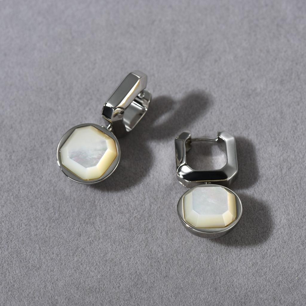 Personalized Simple Copper-Plated Platinum Inlaid White Fritillary Pendant Square Ear Buckle Earrings Fashion Temperament Earrings Women