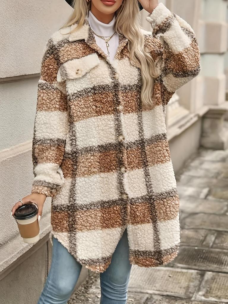 2024 European & American Women's Plaid Wool Lapel Overcoat - Thickened for Autumn & Winter