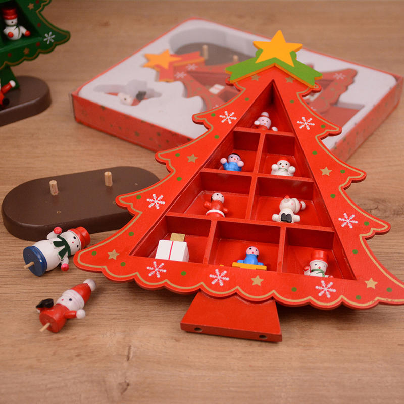 Vintage Wooden Christmas Tree Ornament Desktop Diy Mini Pine Tree with Mini Ornament for Xams Home Decor