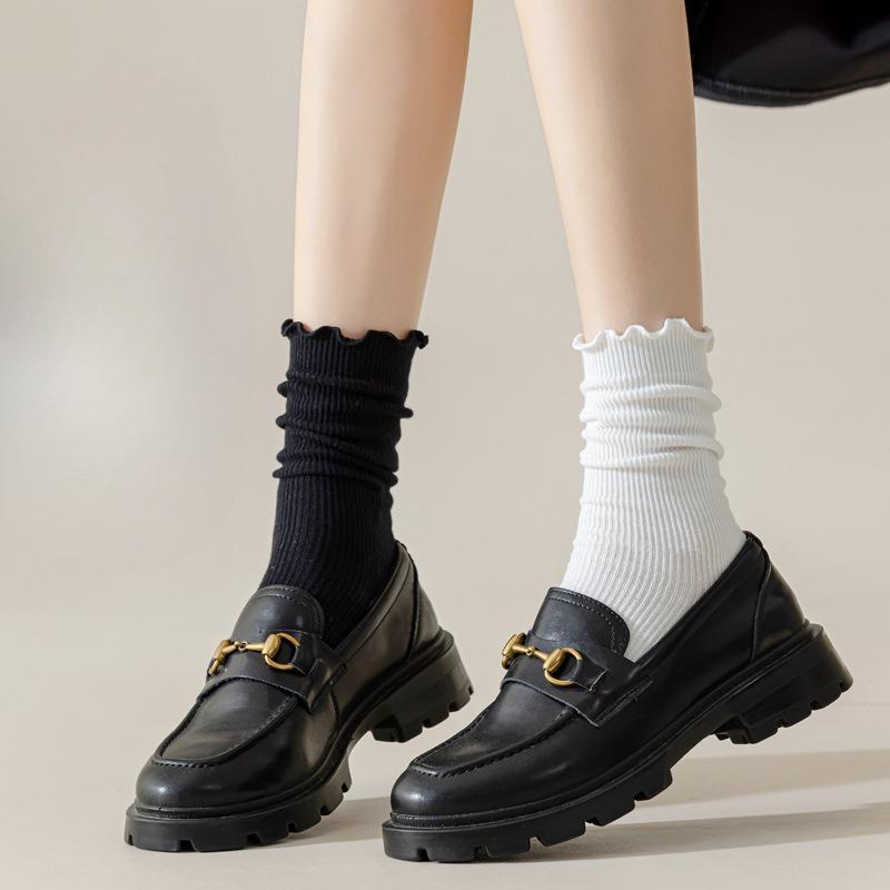 Women's Summer Mid-calf Socks, Anti-pilling Pure Cotton Socks, Black Fungus Lace Socks, Pile Socks