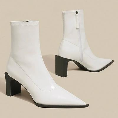Mode Damen Schuhe 2024 Neu Seitlicher Reißverschluss Damen Stiefel Winter Spitz Zehen Warm Einfarbig Kurzer Schaft Klobige Absätze Mode Stiefel Botas De Mujer