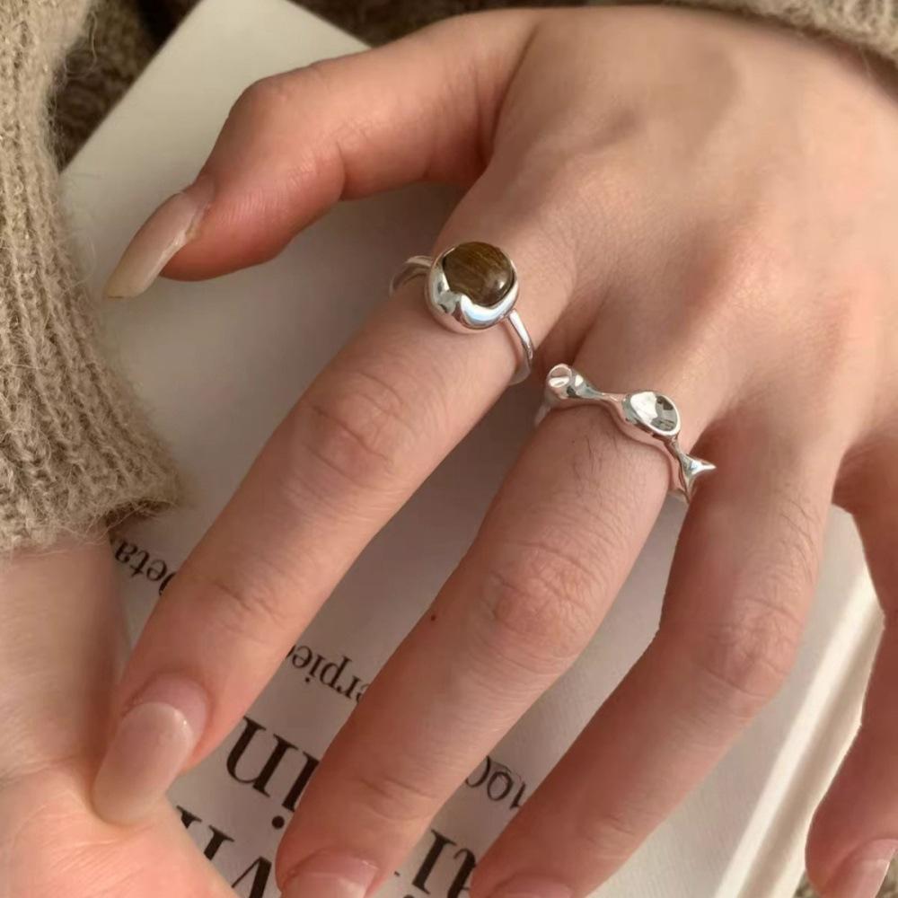 Light luxury s925 sterling silver open ring Light luxury tiger's eye stone niche solid special-shaped versatile ring