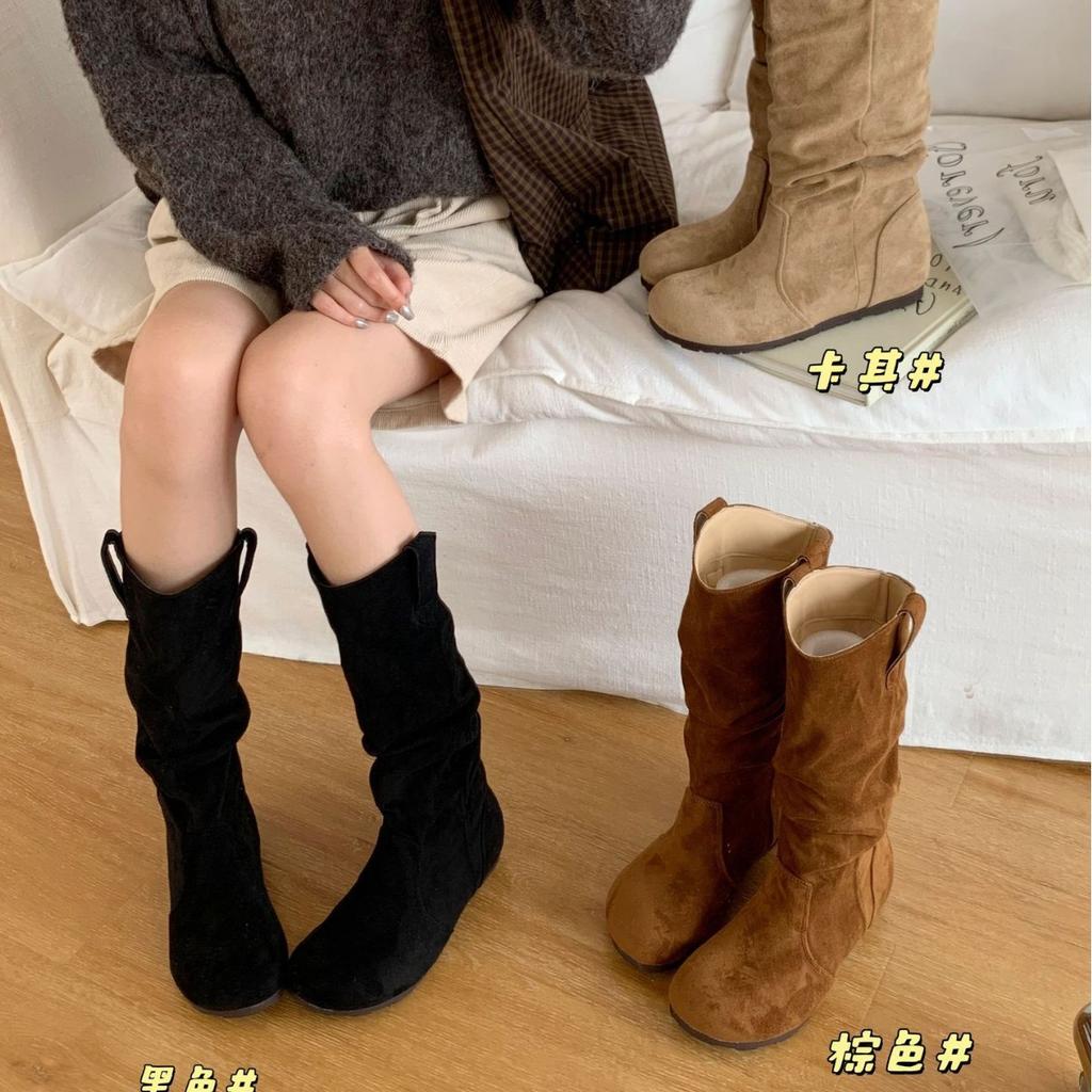 2025 New Sense Design Retro Versatile But Knee Boots Women's Inner Height Increase and Thin Pleated Knight Boots