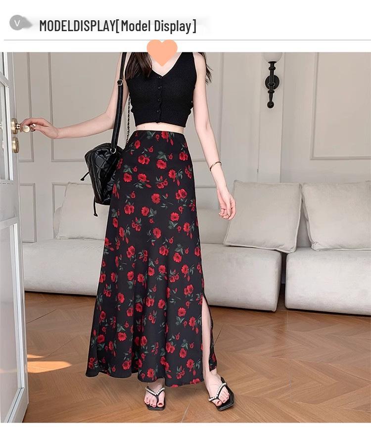 Retro Rose Print High-Waisted Side Slit A-Line Skirt - Women's Spring/Summer 2025 Collection