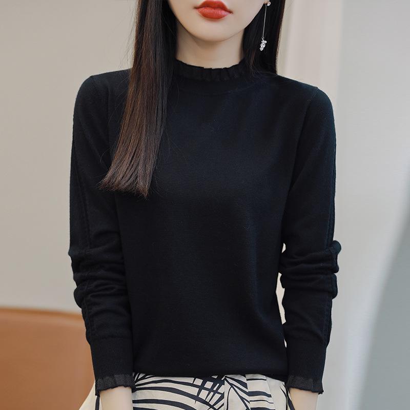 Women's 2023 Lace Collar Wool Sweater, Patchwork Knit Base Layer, Solid Color Autumn/Winter Fashion.