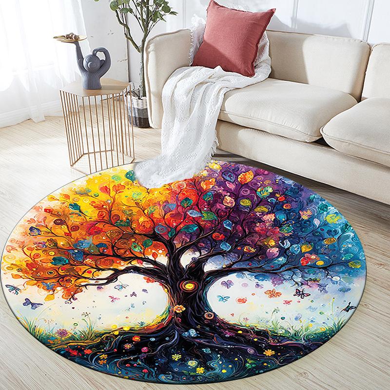 Colorful Tree Round Area Rug,Carpet Rug for Living Room Bedroom Sofa Playroom Decor,Non-slip Floor Mat