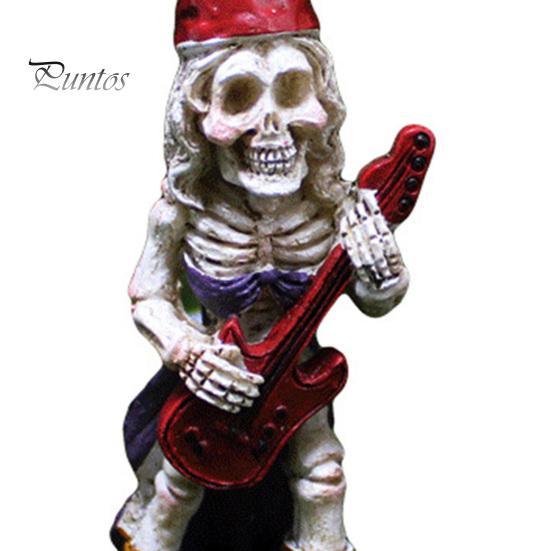 Spooky Holiday Party Accents Halloween Skeleton Gnome Musician Resin Figurine, Hand-Painted Gothic Statue with Guitar Dark Pastoral Style Decoration