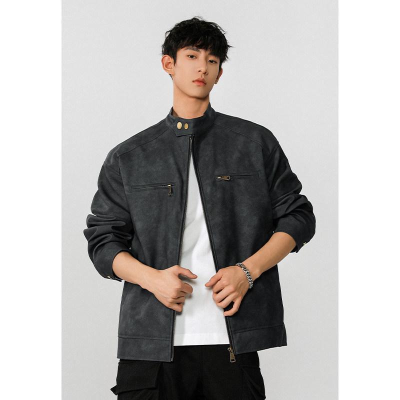 

Winter 2026 Stand Collar Tie-Dye Leather Bomber Jacket - Loose Fit High Street Style 5XL чорний