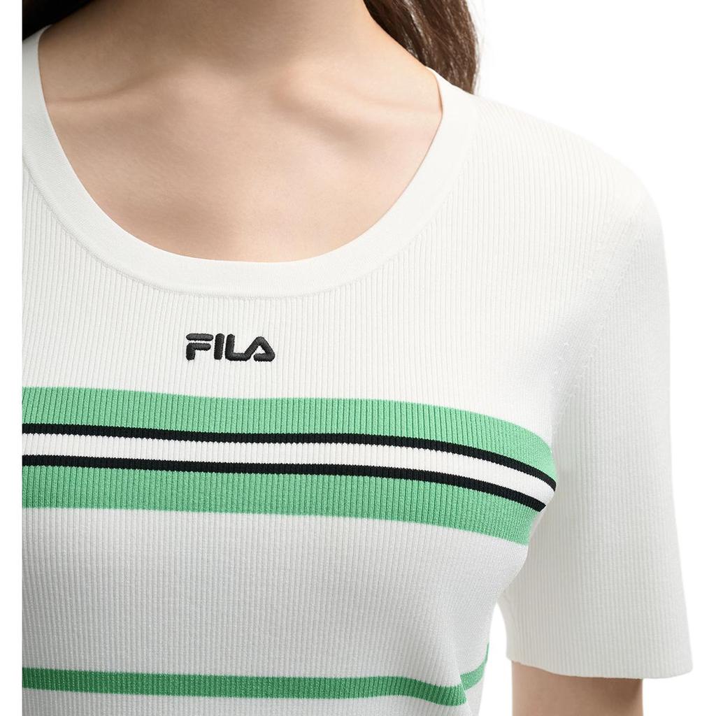 Fila Heritage Series Casual Versatile Striped Short Sleeve Knit Top Women Tops Bright-White F11W528408F-WT