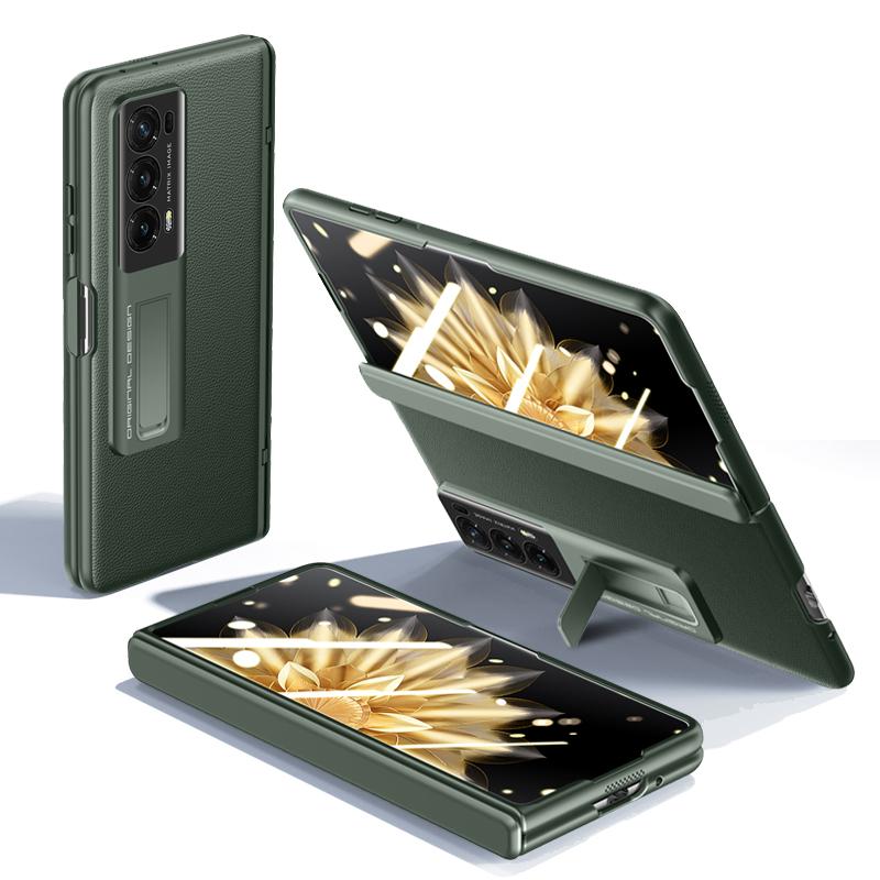 

Для Honor Magic V2 5G Чохол з PU шкіри+ПК з підставкою, захист шарніра, покриття з тактильним ефектом, з прозорою плівкою із загартованого скла Green