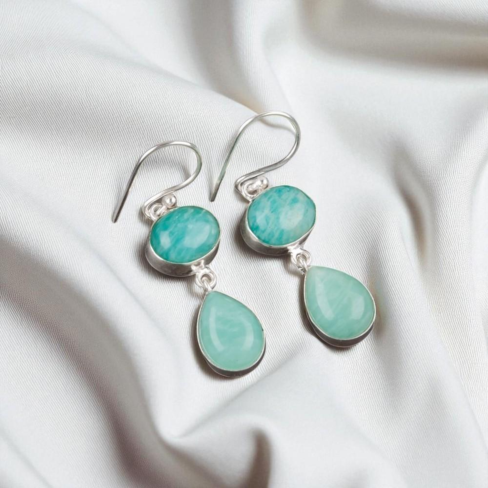 Rare Amazonite Gemstone 925 Sterling Silver Jewelry Handmade Hook Earrings 1.88" EE-73-15