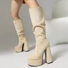 Ultra Thick Heel Knee High Boots Frosted Suede Leather Side Zipper Long Tube Platform New Size 35-47 Flocked Fashion Footwear