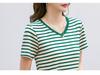 Striped Color Block V-Neck Retro Short Sleeve Women's Stylish Summer Top - New Arrival 