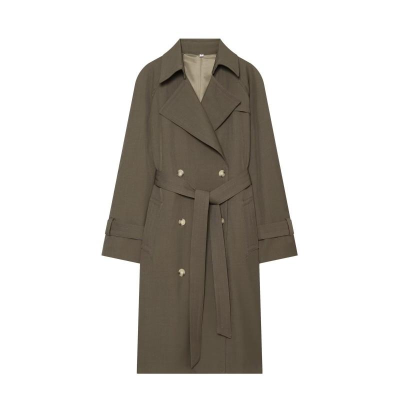 2025 Herbst Damen Langer Trenchcoat Revers mit Kerbe Zweireihig Gürtel Schmale Taille Britischer Stil Einfarbig Lässig