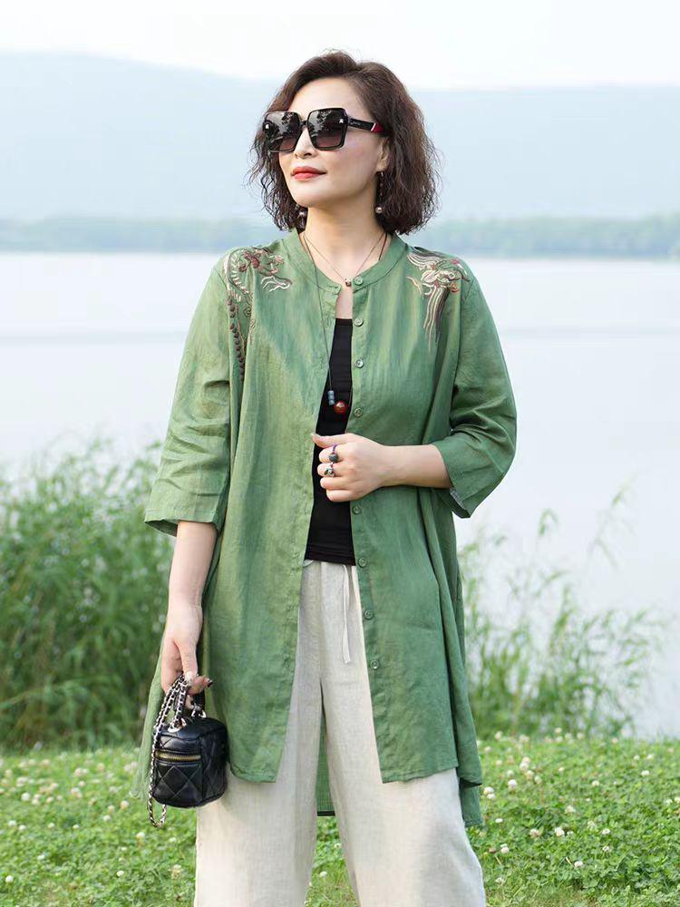 Summer 2024 Cotton Linen Embroidered Stand Collar Mid-Length Lightweight Sun Protection Cardigan Shirt