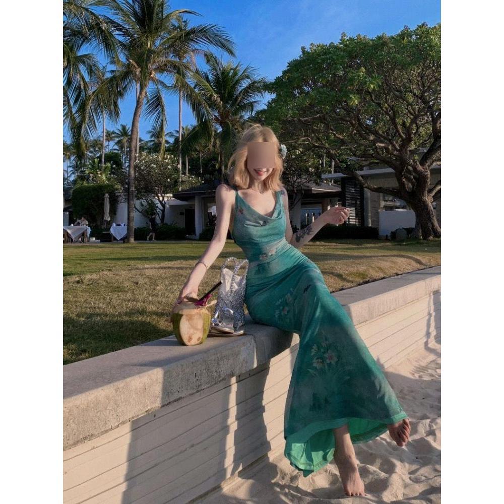 Butterfly print swinging collar suspender dress women's summer fishtail skirt waist skirt showing figure hip-wrapped dress