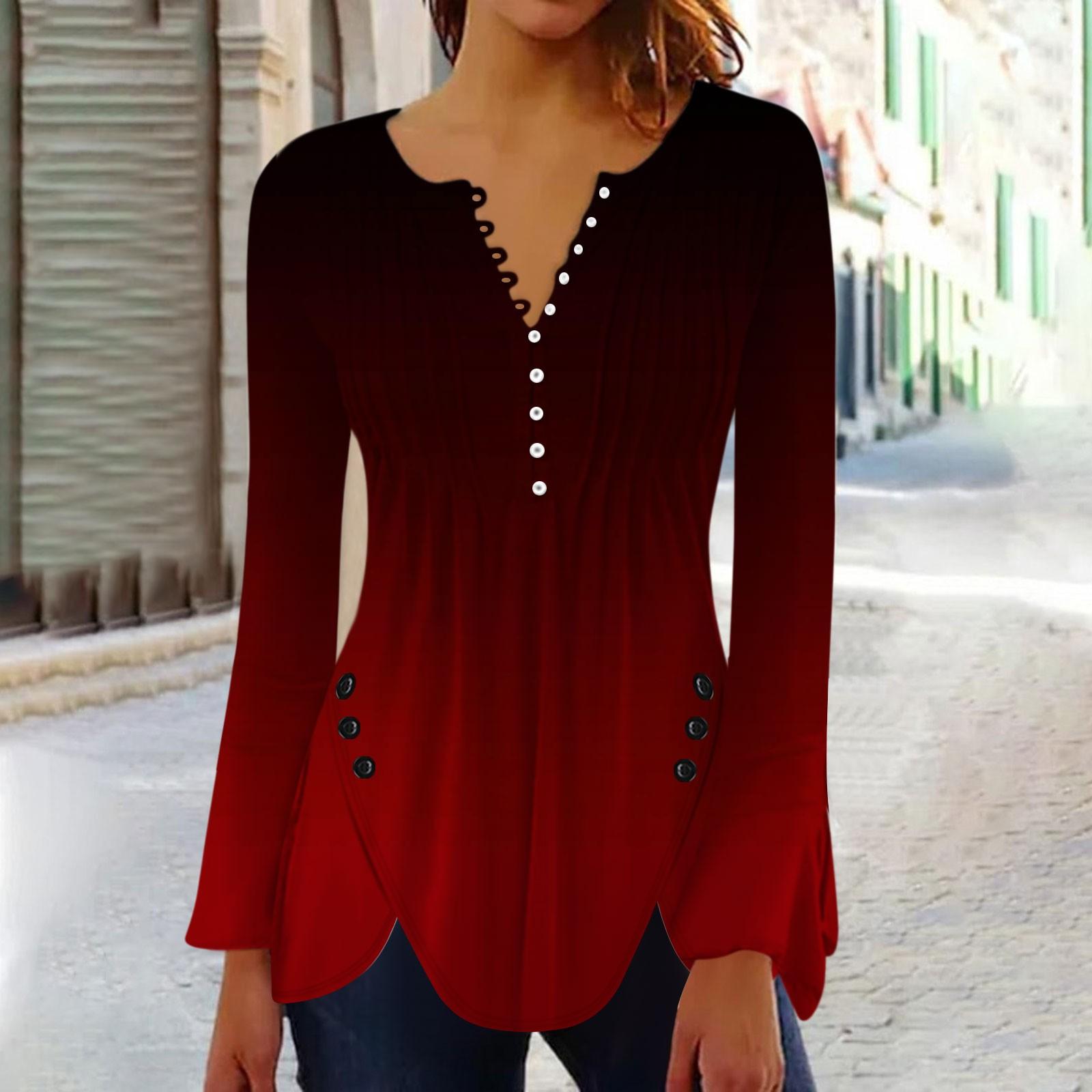 

Рубашки на пуговицах для женщин с принтом, летние топы, нарядные повседневные блузки с длинным рукавом и V-образным вырезом, весенние блузки L винный