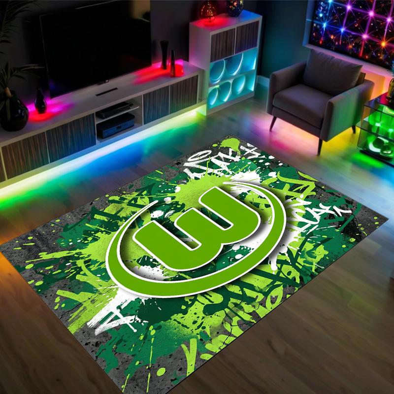 VfL Wolfsburg FC Design Kristall Samt Teppich Gemütlich Nicht?Rutschfester Teppich mit Aufdruck für Schlafzimmer Wohnzimmer Eingang