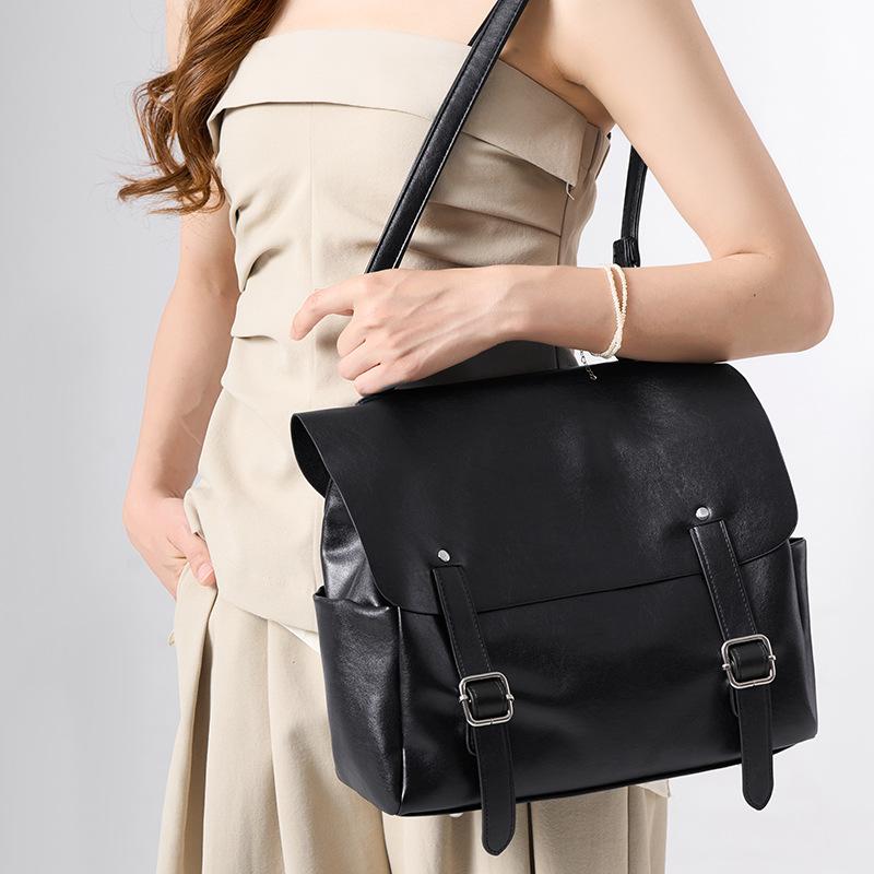 SHELKSBAG Preppy School Style Backpack Womens Shoulder Bags Vintage Quality Soft Leather Handbag for Women Casual Travel Daily