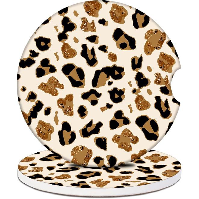 Car Cup Holder Coaster - Highland Cow Absorbent Ceramic Coaster, Car Coasters for Cup Holders, Auto Accessories for Women & Men, Pack of 2 леопардовый
