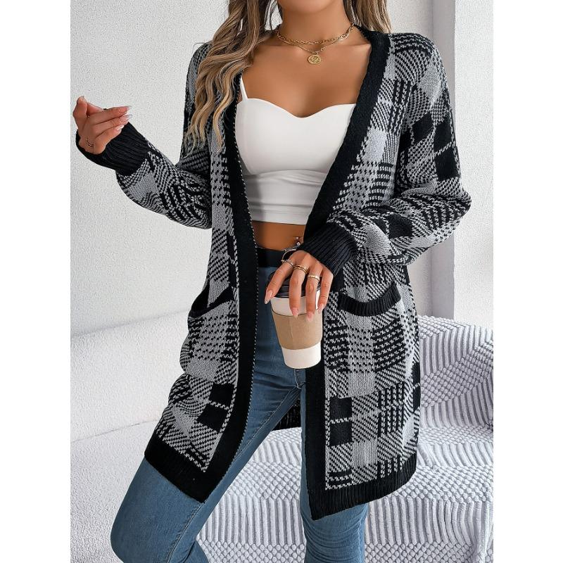 Women Casual Color Block Plaid Pocket Long Sleeve Open Cardigan Sweater Coat