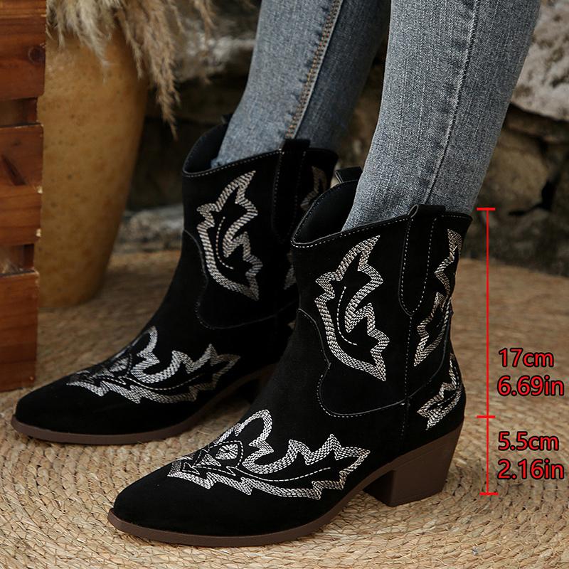 Fashion Vintage Embroidery Pattern Boots Women 2025 Square Heel Pointed Toe Ankle Boots Woman Comfortable Faux Suede Booties Mujer