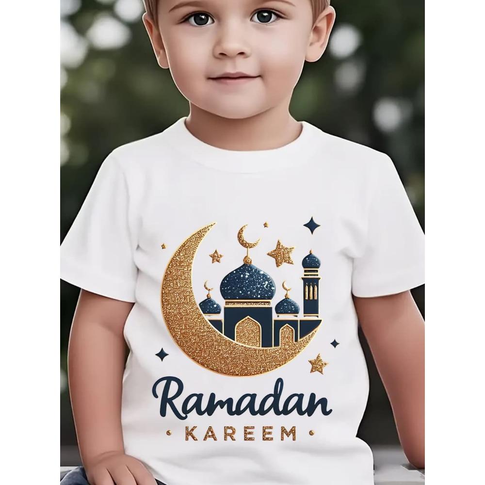 Eid Mubarak Moon Star Printed Kids Shirts Eid Ramadan Child T-Shirt Tops Islamic Muslim Holiday Boys Girls Short Sleeve