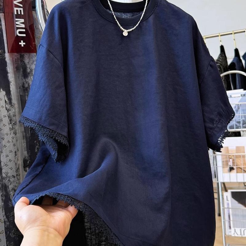Damen T-Shirt mit kurzen Ärmeln aus Baumwoll-Leinen mit Spitzenbesatz - Schickes & Bequemes Sommeroberteil