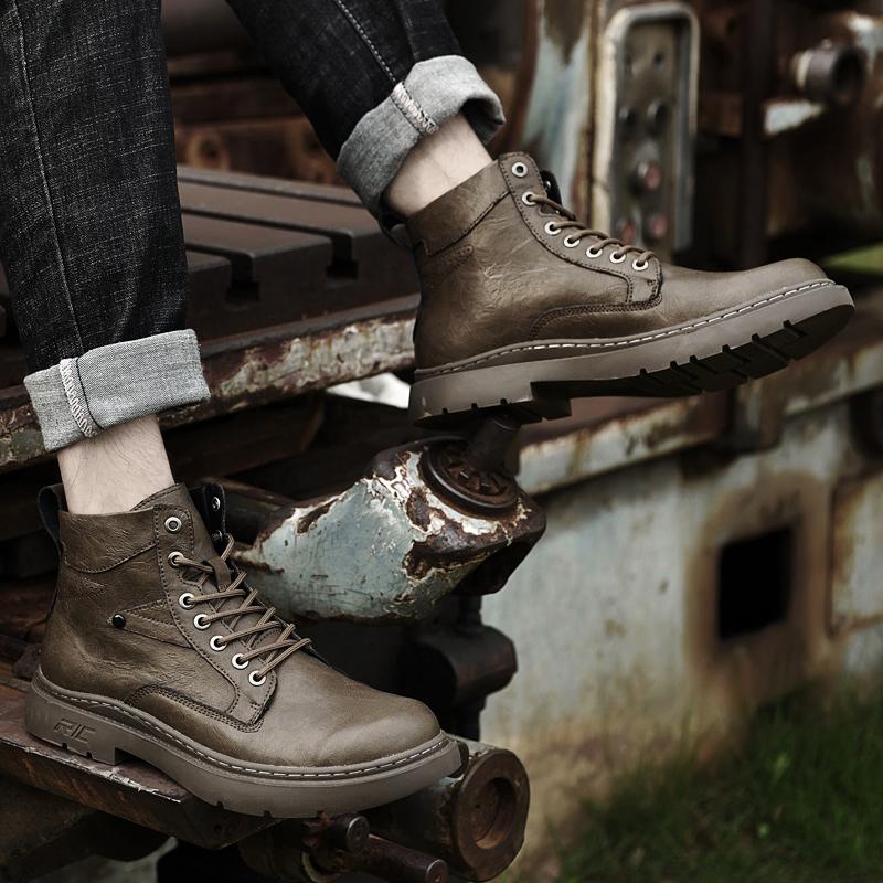 New Retro Men's Genuine Leather Work Boot  Fashionable High-Top Laced Walking Boot Outdoor Durable  Comfortable And Casual Boots