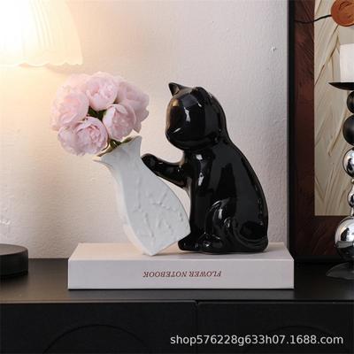 Ceramic Cat Vase Ornament Creative Black Kitten with Tilted Flower Vase Artistic Decoration for Home Living Room Dining Desktop