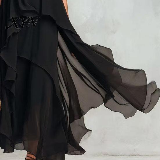 Fat Hiding Loose Dress Women's Flowy Chiffon Dress, Sleeveless Crew Neck Asymmetrical Hem Plus Size Women Long Summer Layered Cocktail Wedding