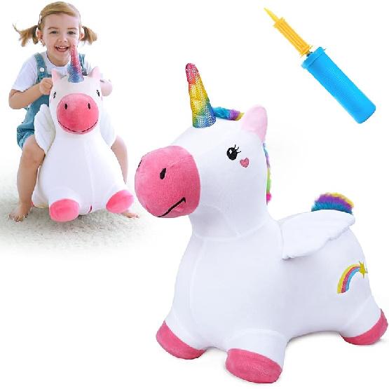 iPlay, iLearn Bouncy Pals Hopping Unicorn Horse, Toddler Girl Inflatable Bouncing Animal Hopper Toy, Outdoor Indoor Plush Ride on Bouncer, Baby Unicorn