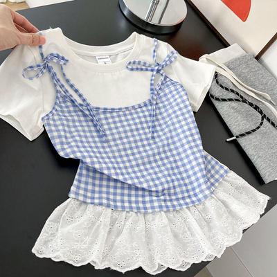 Koreanischer Ballett-Stil Falsches Zweiteiler-T-Shirt: Blau-Weiß kariert, Spitzenborte mit Schleife, Kurzarm, Sommeroberteil für Damen