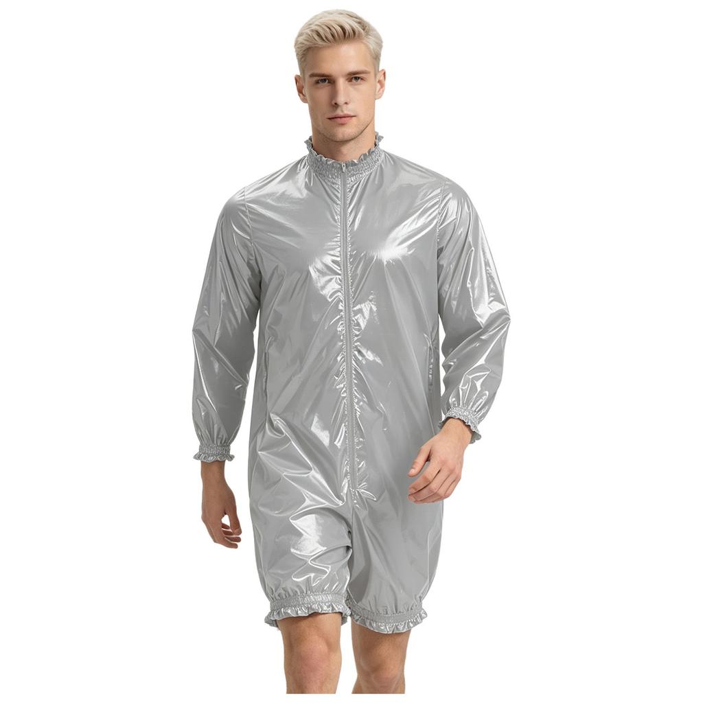 Front Zipper Mock Neck Long Sleeve Ruffled Bodysuit for Men Waterproof Vinyl Swimwear Clubwear Diaper Cover Short Bottoms