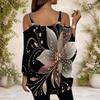 Women Plus Size Off Shoulder Double Strap Short Sleeve Top Blue White Swirl Rhinestone Print