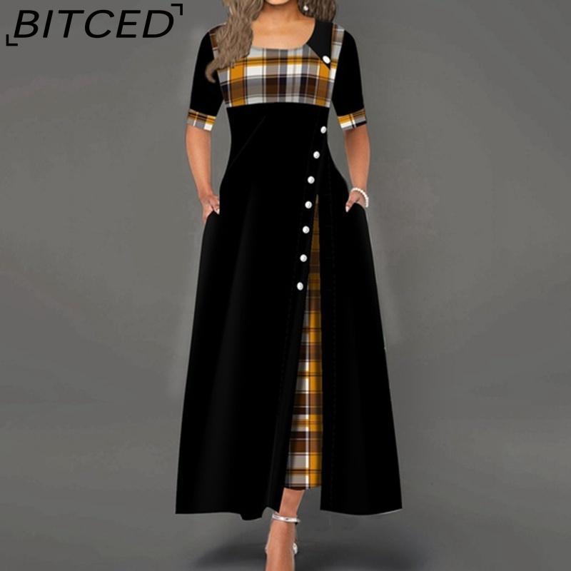 BITCED Women Fashion Casual Irregular Plaid Button Print Maxi Short Sleeve O-Neck Plus Size Party Dress