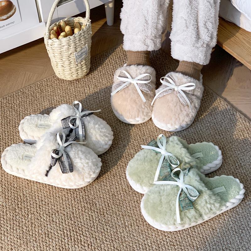 New Bow Cotton Slippers Winter Indoor Home Floor Slippers Non-slip Plush Bag Head Warm Shoes