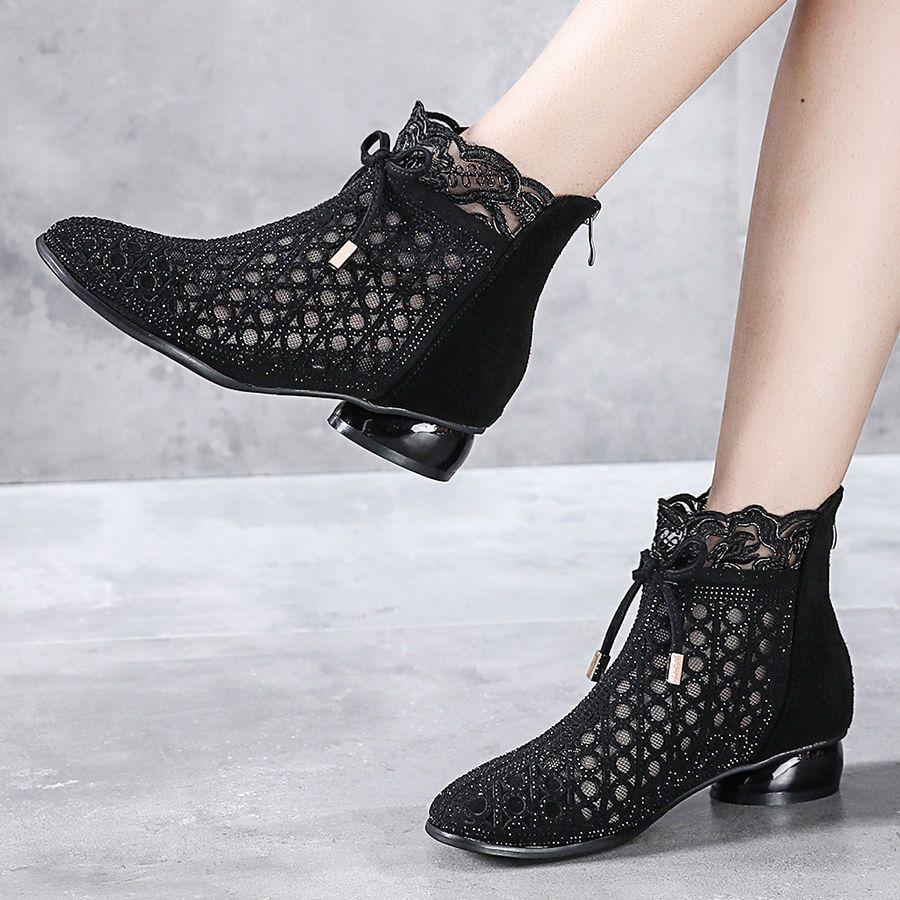 Pavasariniai Vasariniai Ankle Boots Madingi Cirkonio Sandalai Stori Kulniukai Tinklelio Batai Tuščiaviduriai Moteriški Batai