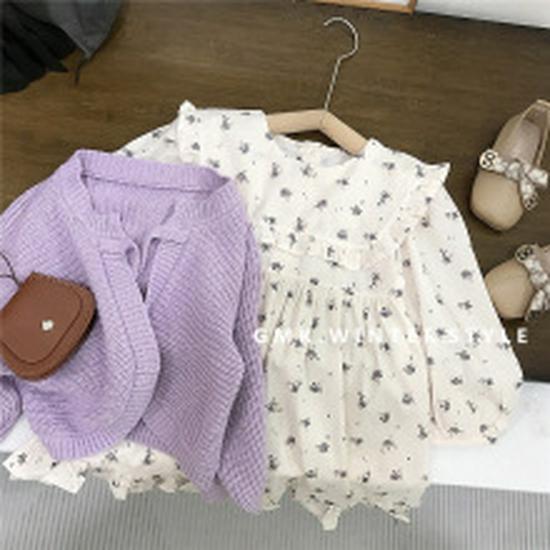 Ensemble Robe Florale d'Automne pour Filles Coréennes et Gilet à Bordure en Dentelle