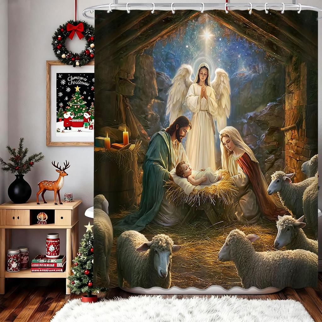 Christmas Shower Curtain Christma Holy Night Nativity Shower Curtain The Birth of Jesus Thatched Cottage Lamb for Xmas Christma