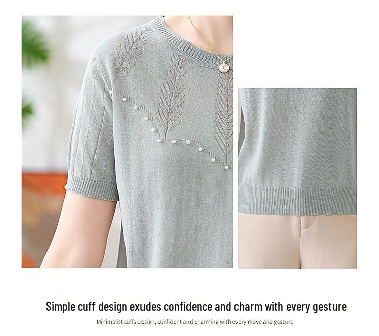 2026 Summer Ice Silk T-Shirt: Fashionable Loose Knit Short Sleeve for Middle-Aged Women