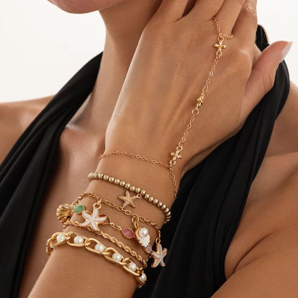 KunJoe 6Pcs/Set Exquisite Imitation Pearl Chain Finger Bracelets Women Creative Starfish Scallop Pendant Bangles Wedding Jewelry